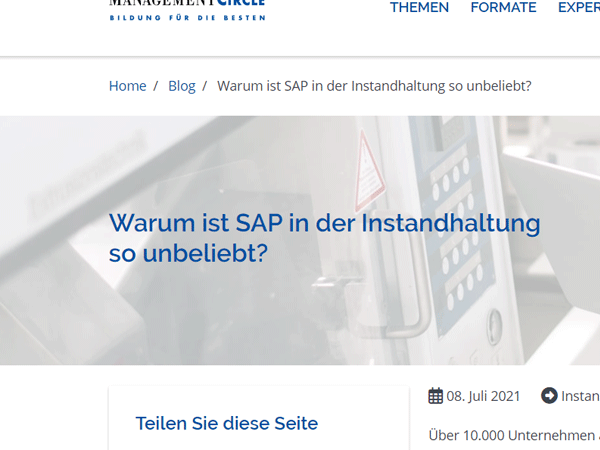 Screenshot ManagementCircle Webseite Fachartikel: Warum ist SAP in der Instandhaltung so unbeliebt?