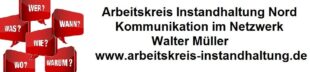 Logo Arbeitskreis Instandhaltung Nord rote Sprechblasen Wer, Ws, Wie, Wann, wo, Warum mit Schriftzug Kommunikation im Netzwerk Walter Müller www.arbeitskreis-instandhaltung.de