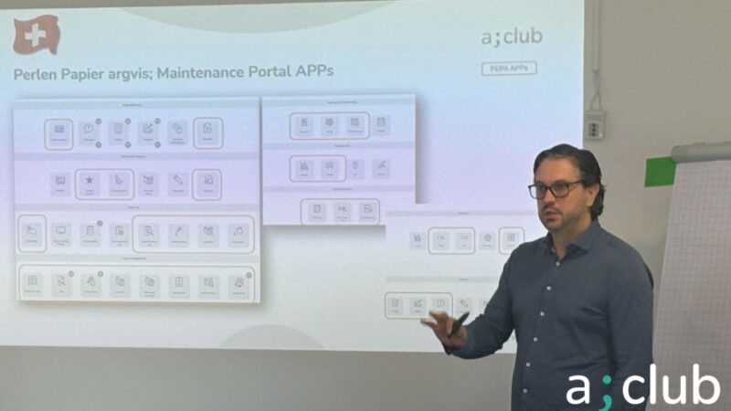 Auf dem Bild sieht man Dejan Todorovic, Perlen Papier Schweiz, bei seinem Vortrag im argvis; Club-Treffen vor einem Beamer Bild auf dem Funktionalitäten lt. Dashboard vom argvis; Maintenance Portal sichtbar sind.